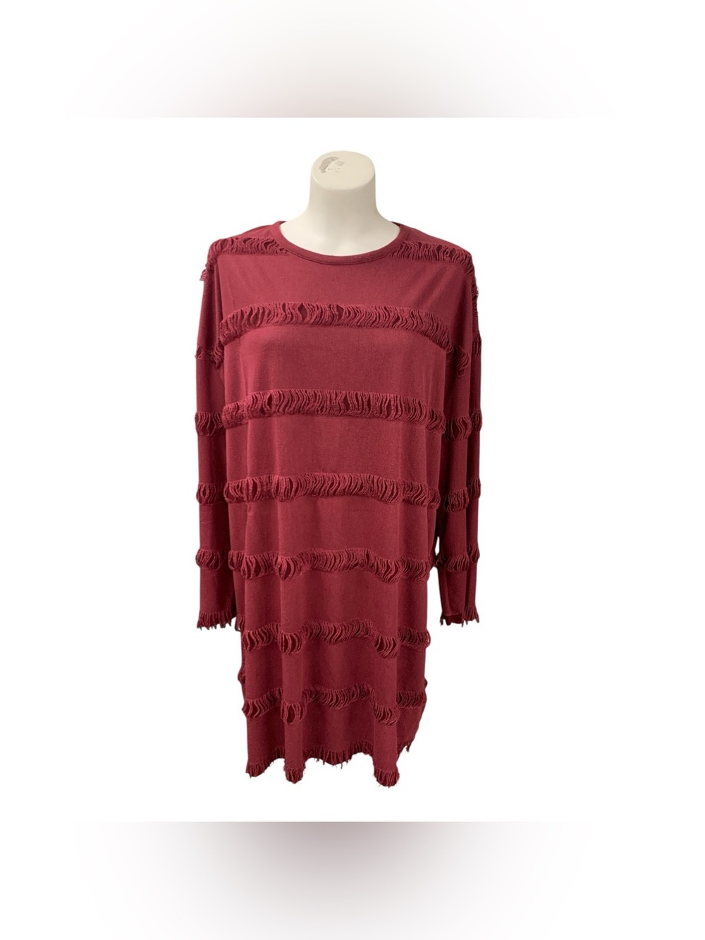 Zara Long-Sleeve Fringe-Trim Knit Dress - Burgundy Size M